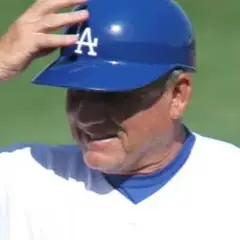 Dodgers coach Larry Bowa wearing a batting helmet, spring training 2008.jpg
