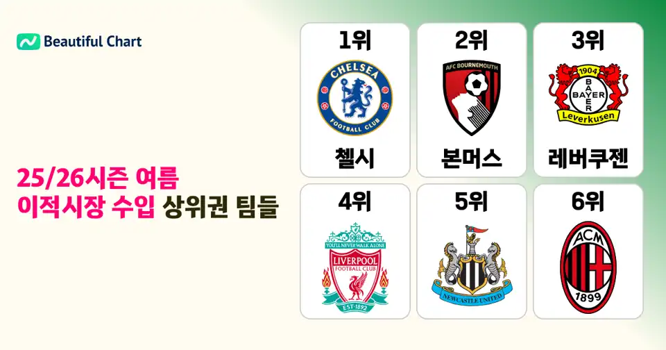 25/26시즌 여름 이적시장 수입, 첼시 3.2억 유로로 압도적 1위 기록 thumbnail image